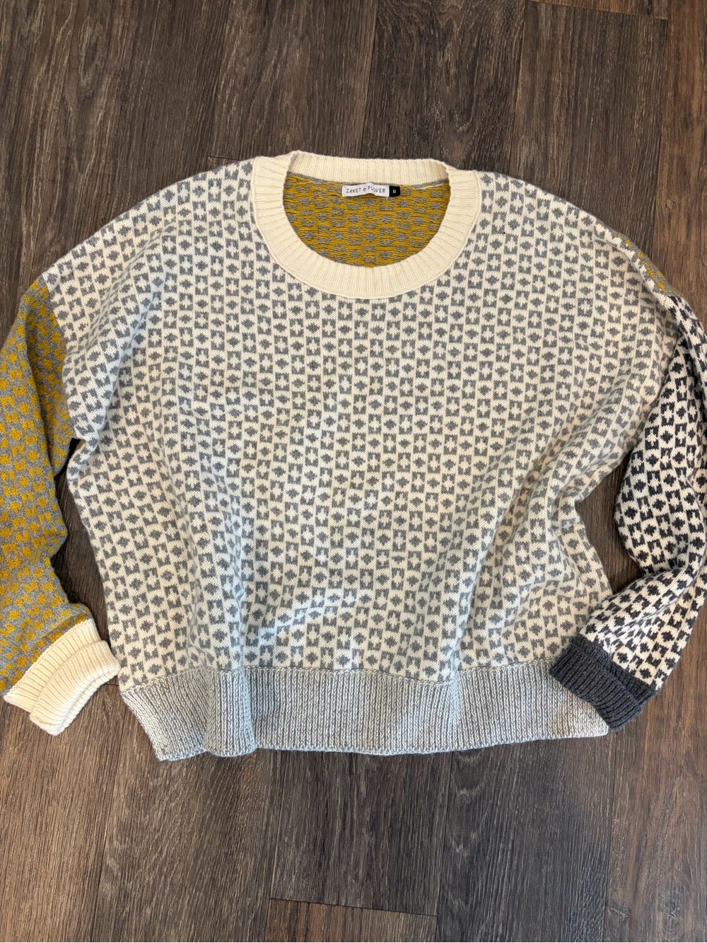 Zaket & Plover Women's Crewneck Patterned Sweater - Cream, Gray & Mustard